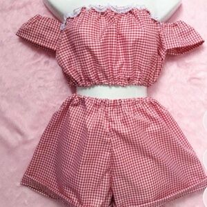 Stylish Red Gingham Off-Shoulder Set
